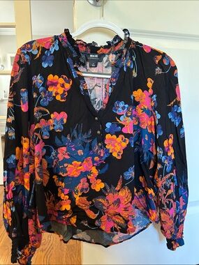 Anthropologie Maeve Black Floral Button-Front Blouse with Pink & Orange Accents